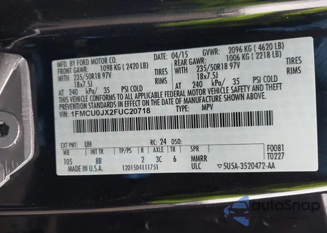 2015 Ford Escape Titanium z USA, uszkodzony, nr VIN 1FMCU0JX2FUC20718